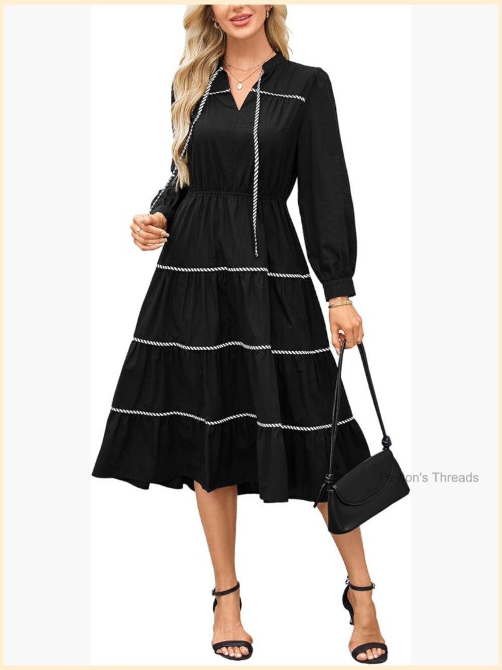 Women's Long Sleeve Tiered Midi Dress V Neck Elastic Waist Flowy Ruffle Dress - Picture 1 of 6